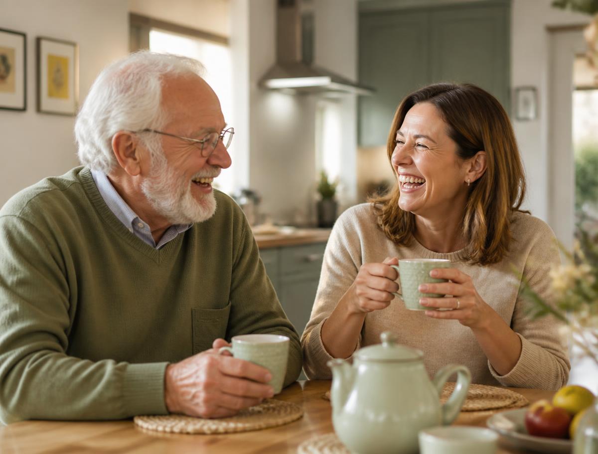 An older man and his daughter laughing over tea at home