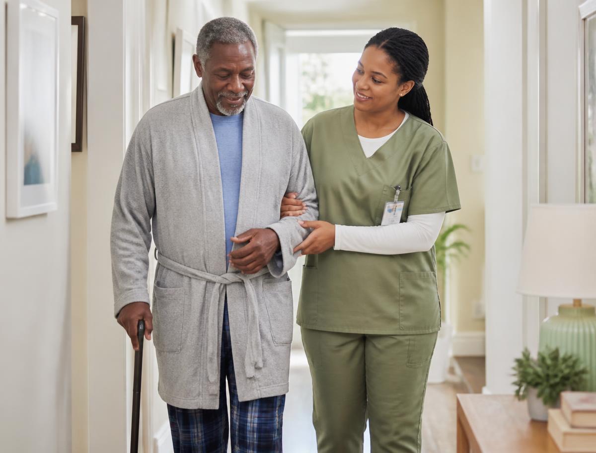 Caregiver supporting an older man walking through his home after hospital discharge